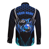 Billiards Design Long Sleeve Button Shirt with Blue Flame Eight Ball and Lightning Pattern in Black Cyan Gradient Background - Wonder Print Shop