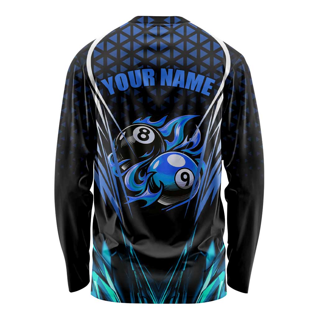 Billiards Design Long Sleeve Shirt with Blue Flame Eight Ball and Lightning Pattern in Black Cyan Gradient Background - Wonder Print Shop