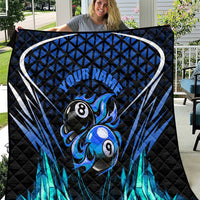 Billiards Design Quilt with Blue Flame Eight Ball and Lightning Pattern in Black Cyan Gradient Background - Wonder Print Shop