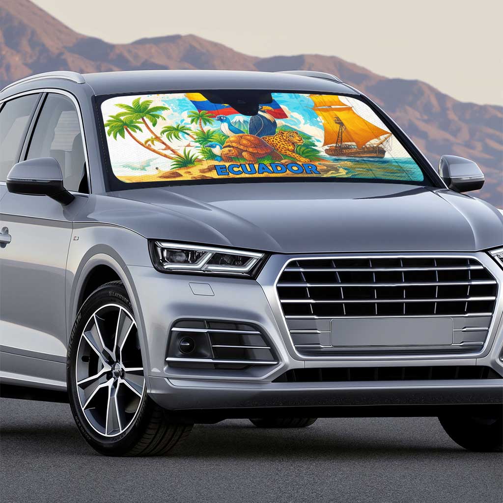 Car windshield sun shade with colorful Ecuador landscape: birds, tortoise, and sailboat
