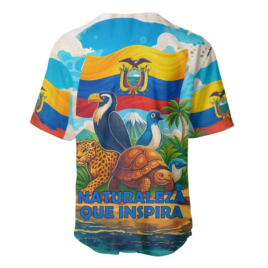 Ecuador baseball jersey back with wildlife and flag landscape, text NATURALEZA QUE INSPIRA