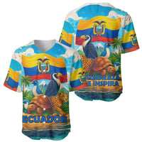 Ecuador baseball jersey set: front ECUADOR, back NATURALEZA QUE INSPIRA, wildlife flag art