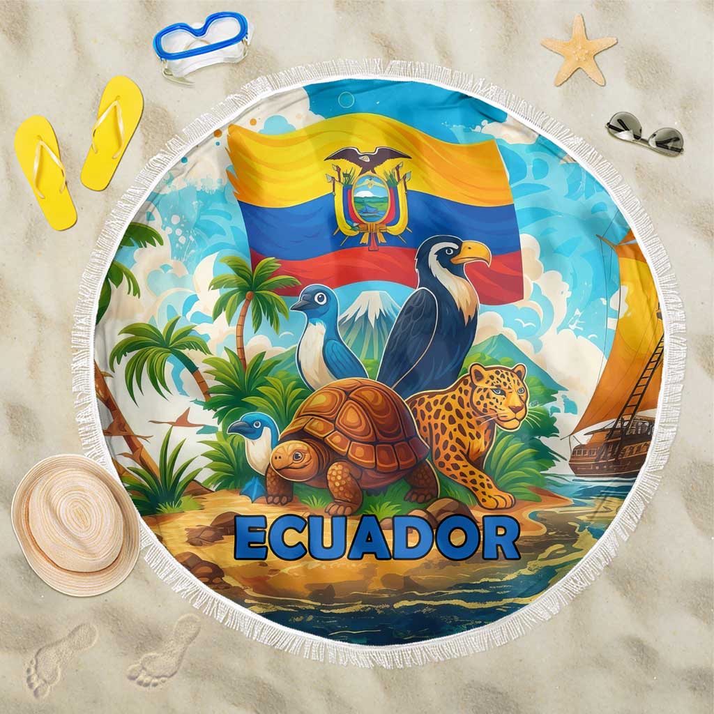 Round beach blanket with Ecuador flag wildlife design, white fringe, 'ECUADOR' text