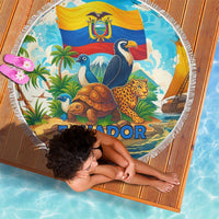 Round beach blanket with Ecuador flag wildlife scene, fringed border, 'ECUADOR' text