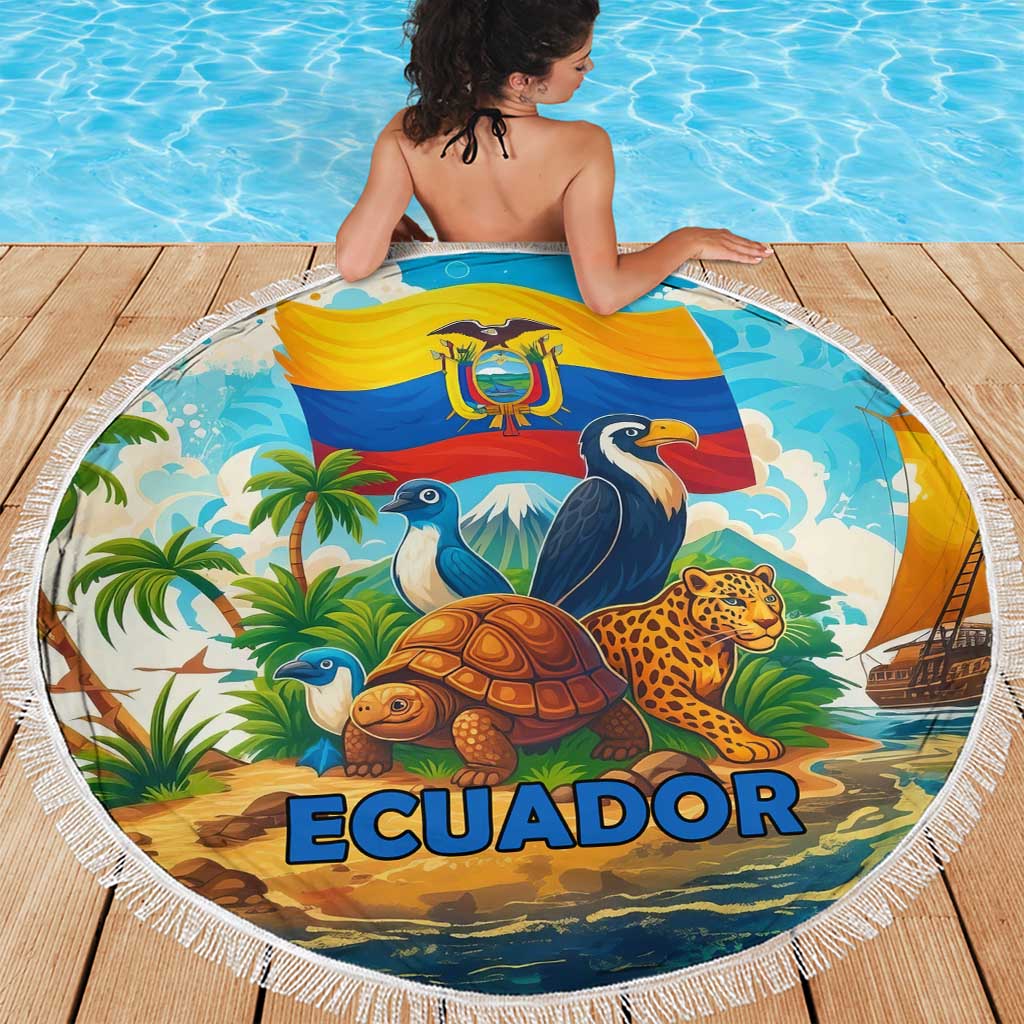 Round beach blanket featuring toucan, tortoise, jaguar with Ecuador flag, 'ECUADOR' text