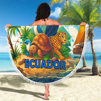 Round beach blanket with Ecuador flag wildlife graphic and white fringe, 'ECUADOR' lettering