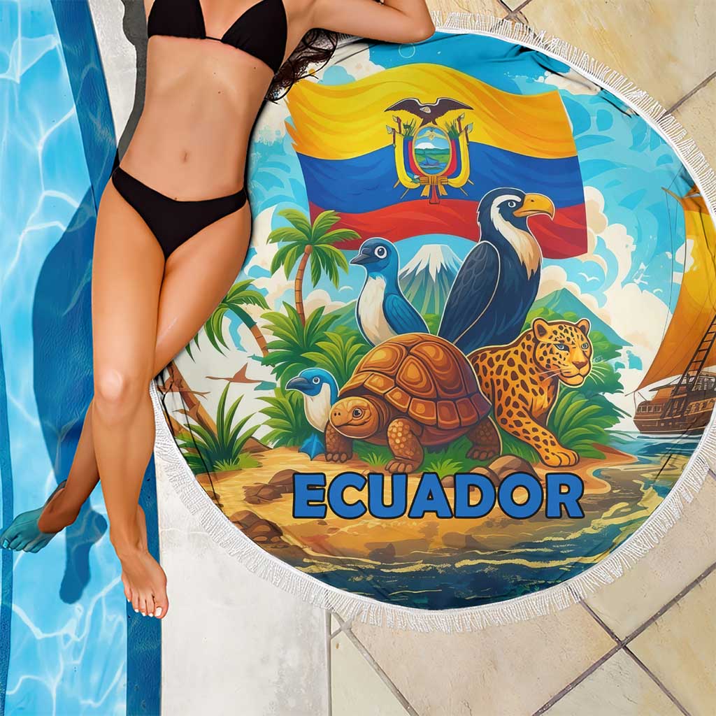 Round beach blanket close-up with Ecuador flag animals and white fringe, 'ECUADOR' text