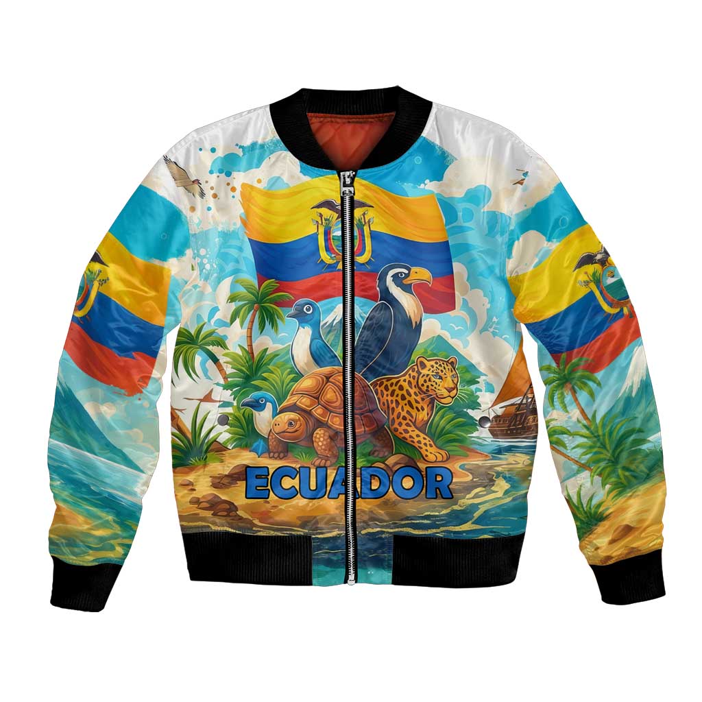 Ecuador Bomber Jacket with Wildlife and Flag Landscape Design - Wonder Print Shop