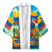 Ecuador kimono with white open front, multicolor wildlife jungle and flag landscape print