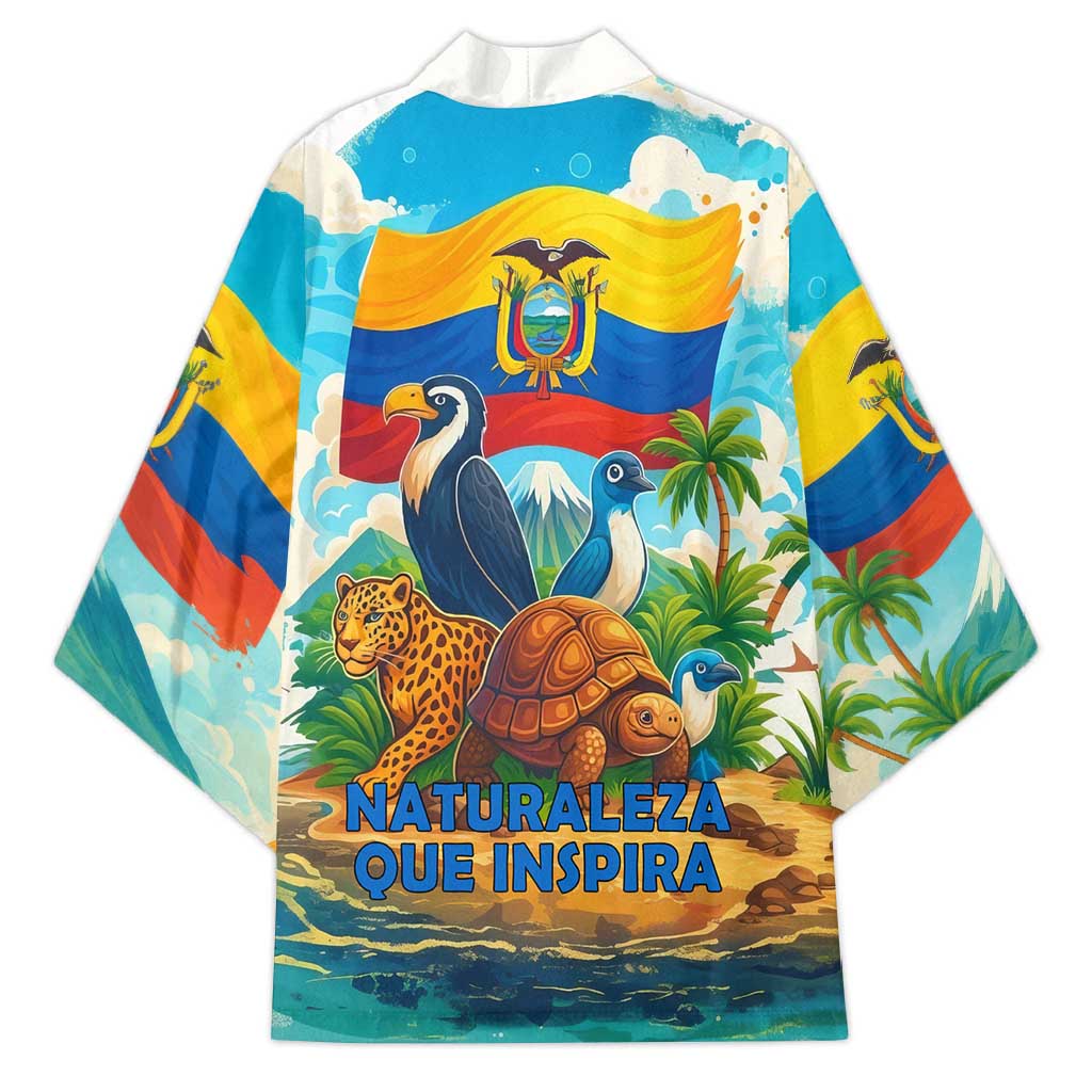 Ecuador kimono with white open front, toucan and turtle wildlife graphic on multicolor scene