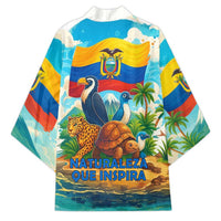 Ecuador kimono with white open front, toucan and turtle wildlife graphic on multicolor scene