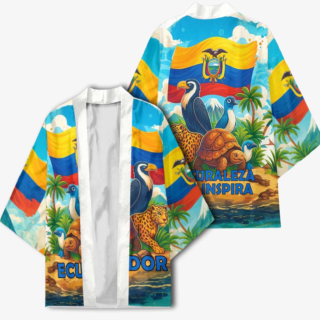Ecuador kimono pair view with white open front and multicolor wildlife flag landscape print