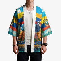 Ecuador kimono on model: white open front with multicolor toucan and jaguar landscape print