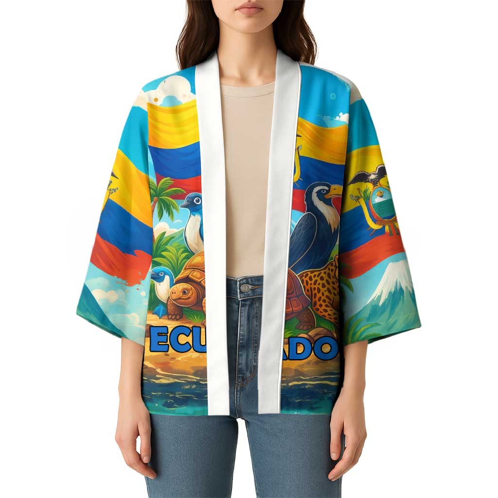 Ecuador kimono on model: white open front, bright flag stripes with wildlife jungle print