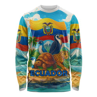 Long-sleeve shirt with multicolor Ecuador wildlife landscape graphic and text