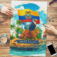 Ecuador jigsaw puzzle with wildlife and flag landscape art, partially assembled