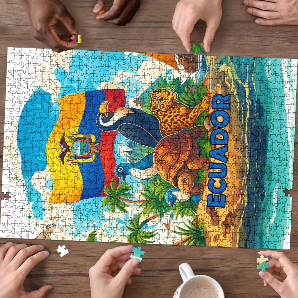 Ecuador jigsaw puzzle in progress with rainforest animals and tropical flag colors