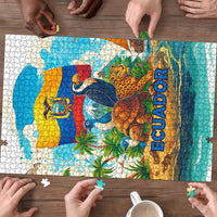 Ecuador jigsaw puzzle in progress with rainforest animals and tropical flag colors