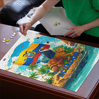 Ecuador jigsaw puzzle on tabletop with assembled pieces and wildlife scene