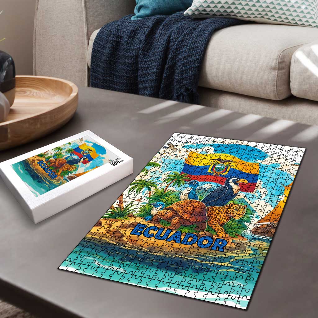 Ecuador jigsaw puzzle set with box and completed wildlife flag artwork on table