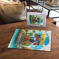 Ecuador jigsaw puzzle with jaguar, turtle, and rainforest birds, 300-piece shown