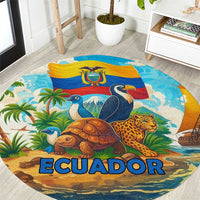 Round multicolor Ecuador rug with wildlife and flag landscape, “ECUADOR” text