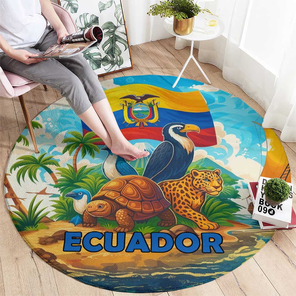 Round multicolor Ecuador rug with tortoise, leopard, birds, and “ECUADOR” lettering