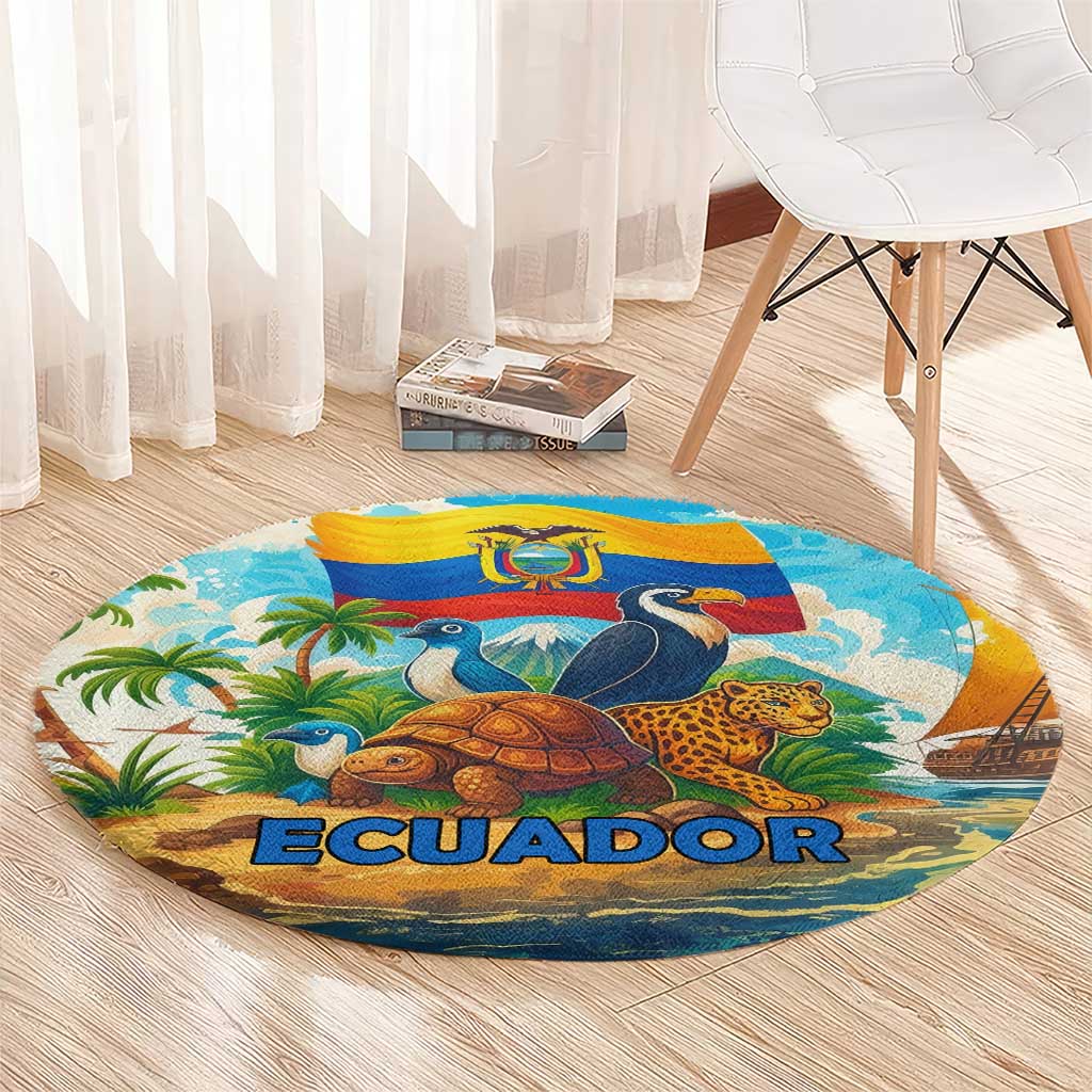 Round multicolor Ecuador rug with wildlife, flag banner, and “ECUADOR” text border