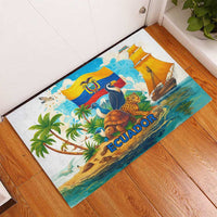 Ecuador rubber doormat with wildlife, flag banner, and sailboat print on indoor floor