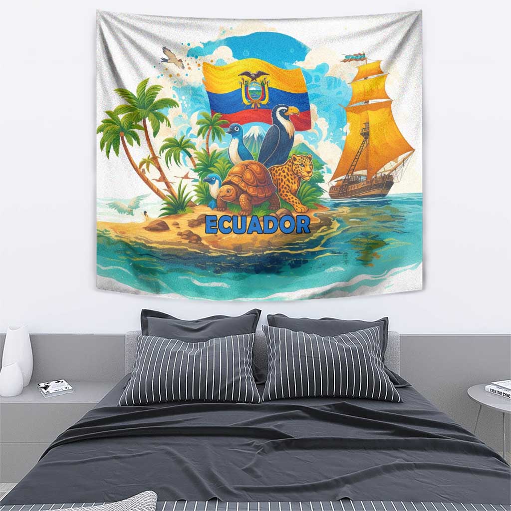 Ecuador tapestry wall hanging showing flag banner, toucan, turtles, and sailboat