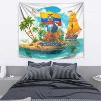 Ecuador tapestry wall hanging showing flag banner, toucan, turtles, and sailboat