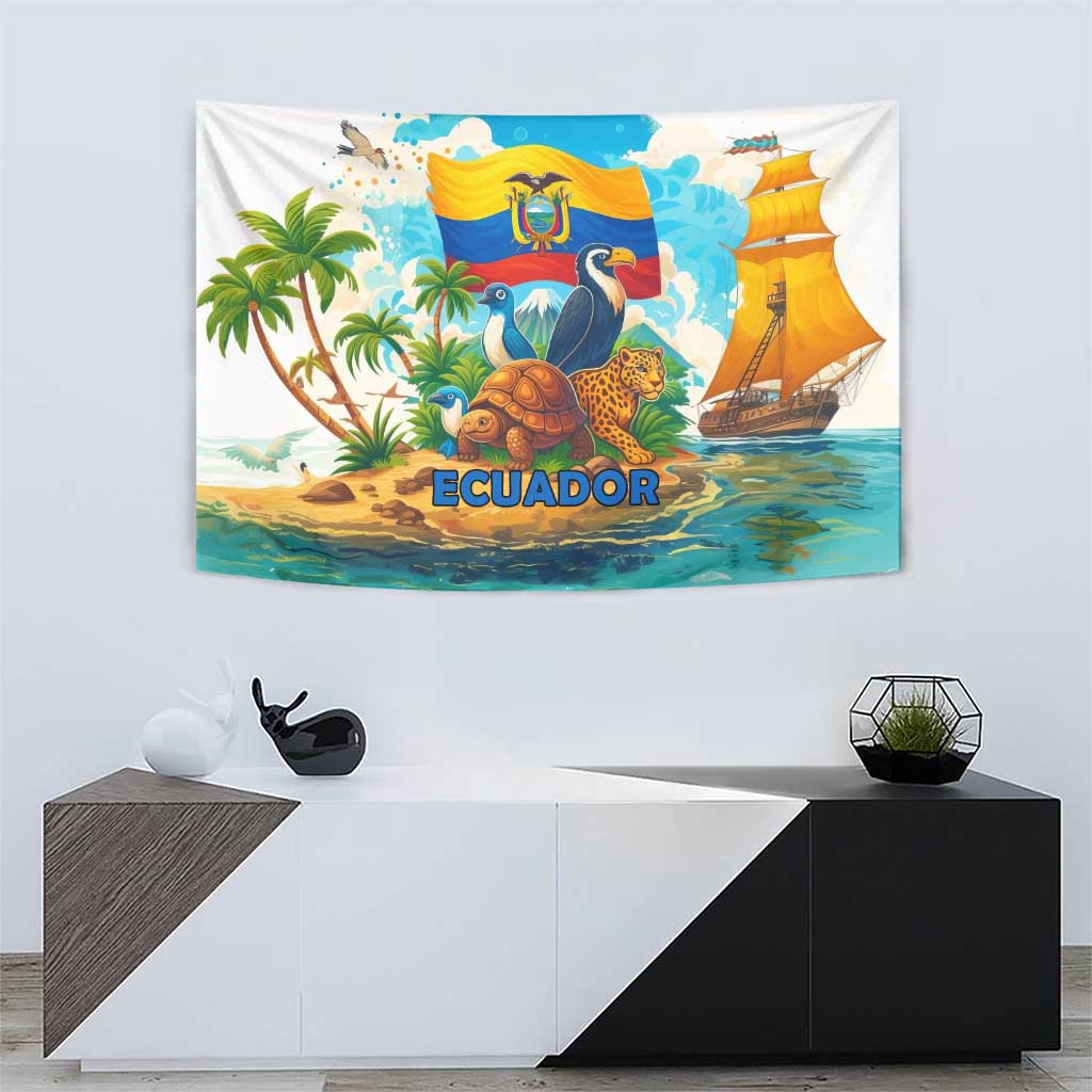 Ecuador tapestry wall hanging with tropical plants, animals, and ship in coastal scene