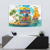 Ecuador tapestry wall hanging with tropical plants, animals, and ship in coastal scene