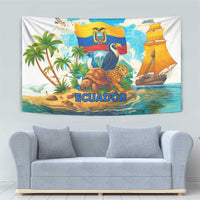 Ecuador tapestry wall hanging featuring Ecuador flag, leopard, birds, and sail ship artwork