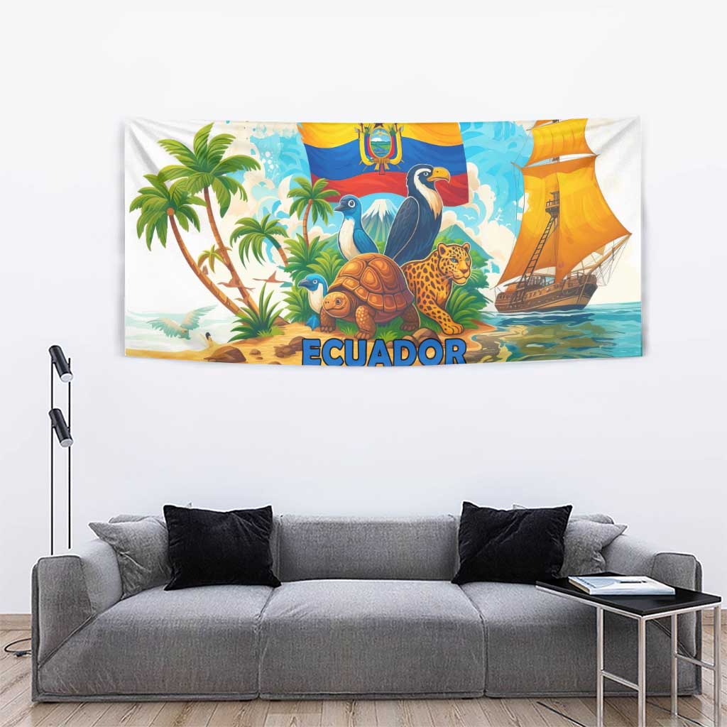 Ecuador tapestry wall hanging with wildlife collage, tropical greenery, and sailboat