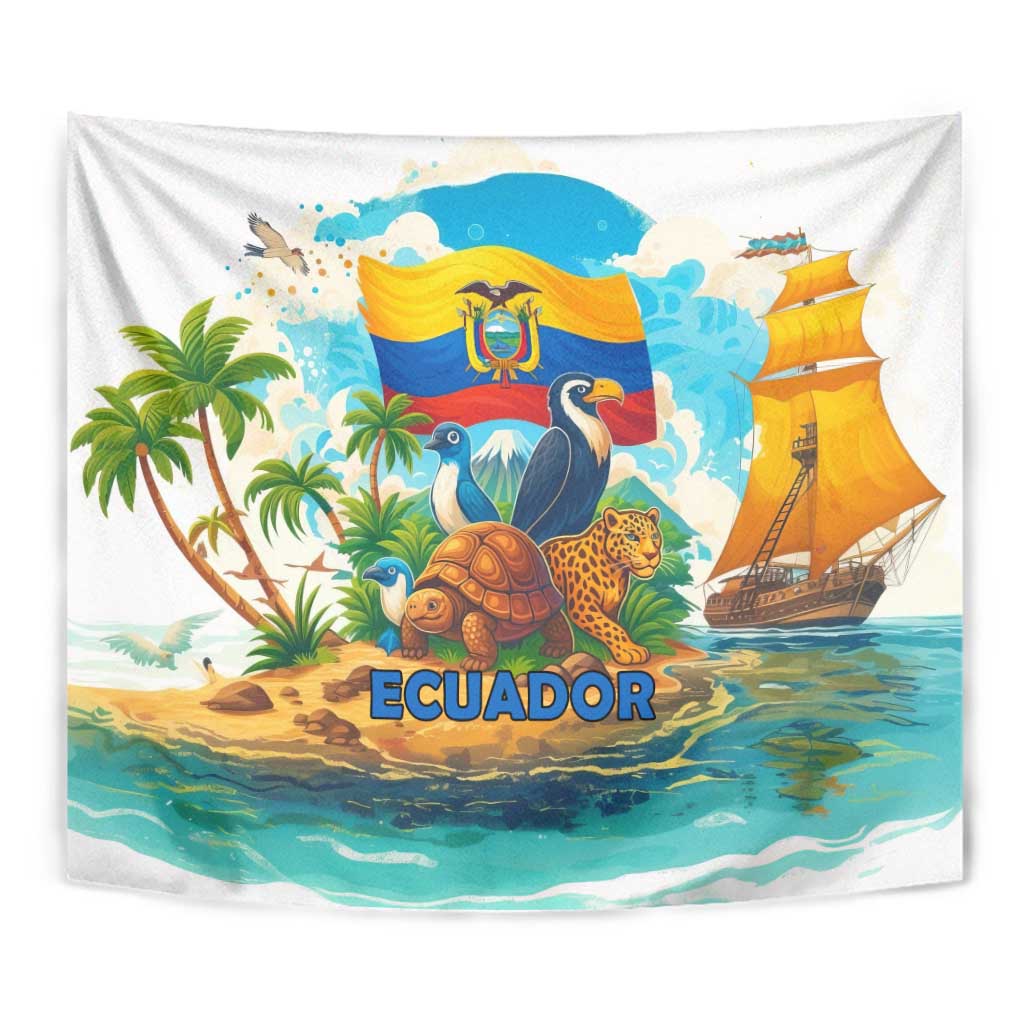 Ecuador tapestry wall hanging close view with flag banner, toucan, turtles, and ship
