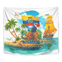 Ecuador tapestry wall hanging close view with flag banner, toucan, turtles, and ship