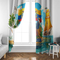 Ecuador window curtain with vertical wildlife and sailboat scene in blue, yellow, and green
