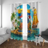 Ecuador window curtain with wildlife animals, sailboat, and coastal water landscape print