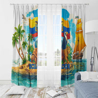 Ecuador-themed curtain panels with wildlife, sailboat, and bright 'ECUADOR' banner text