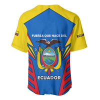 Ecuador baseball jersey back with coat of arms, text, yellow shoulders, red/blue stripes