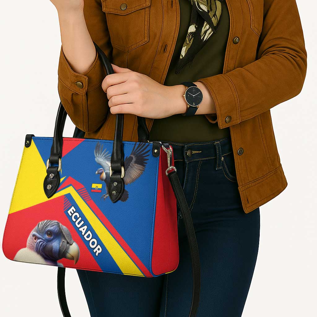 Multicolor leather shoulder tote with black top handles, condor patch, and red/blue side panel