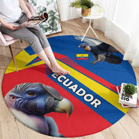 Round rug with condor graphic, blue/red/yellow chevron bands and Ecuador text