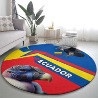 Round rug laid on floor, condor and Ecuador lettering over blue/red/yellow chevrons