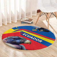 Round rug close-up with Ecuador lettering, condor image, blue red yellow chevrons