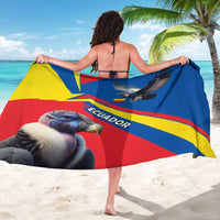 Ecuador condor sarong draped over shoulders, bold blue red yellow geometric stripe design