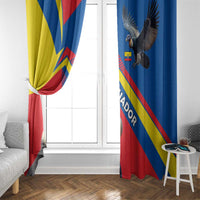Multicolor window curtain panels with condor and Ecuador chevron stripes in blue, red, yellow