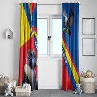 Window curtain set with condor and Ecuador flag graphic, multicolor chevron stripe design