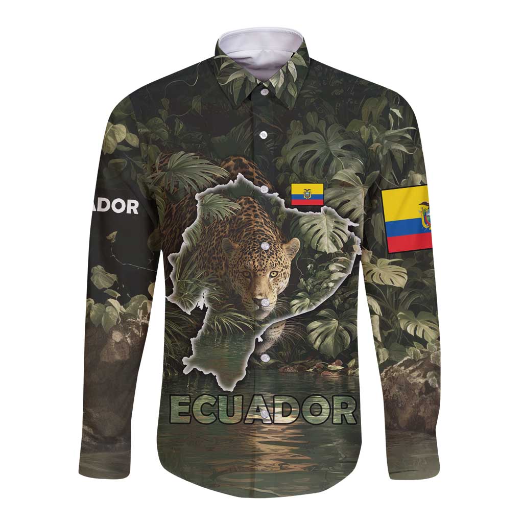 Ecuador Long Sleeve Button Shirt with Jaguar Rainforest Map Design - Wonder Print Shop