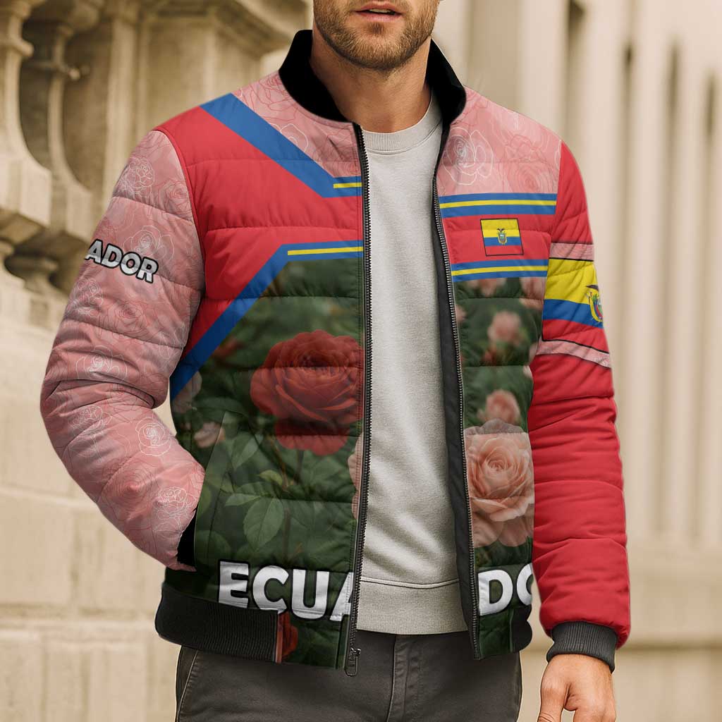 Ecuador Bomber Puffer Jacket with Rose Garden and Floral Texture Design - Wonder Print Shop